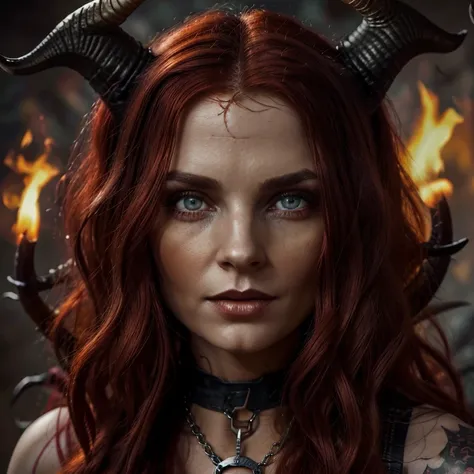 1 demon woman with horns, fiery red long hair, ultra detailed face and eyes, hyperrealistic, realistic representation, 30 years ...