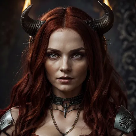 1 demon woman with horns, fiery red long hair, ultra detailed face and eyes, hyperrealistic, realistic representation, 30 years ...