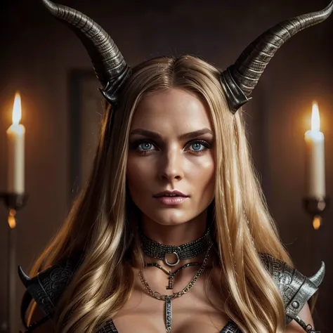 1 demon woman with horns, blonde long hair, ultra detailed face and eyes, hyperrealistic, realistic representation, 30 years old...