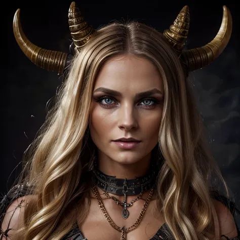 1 demon woman with horns, blonde long hair, ultra detailed face and eyes, hyperrealistic, realistic representation, 30 years old...