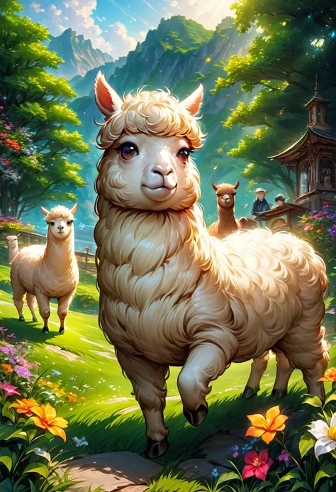 An Alpaca, aesthetic, (high quality,realistic,vivid colors,professional,bokeh:1.2),an alpaca in a beautiful garden,playful alpaca,soft and fluffy fur,curious alpaca exploring the surroundings,expressive eyes and adorable snout,natural landscape with vibran...