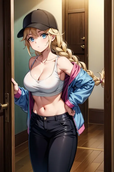 a woman with hat standing in doorway holding bats sideways and back at her side, 1girl, pants, hat, breasts, solo, blue eyes, twin braids, blonde hair, braid, jacket, navel, cleavage, looking at viewer, denim, long hair, open clothes, holding, black headwe...