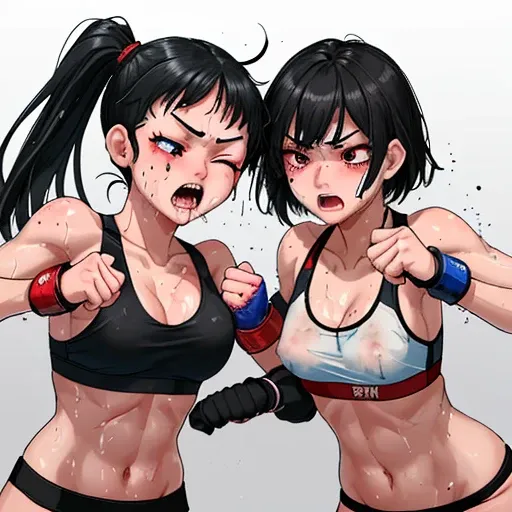 Two beautiful high school girls mixed martial artists covered in blood。I&#39;m punching with all my might。fighting violently。Suffering from damage。Mouth open and dripping blood。With one eye closed, it seems painful。Fighting inside the Octagon。I&#39;m soake...