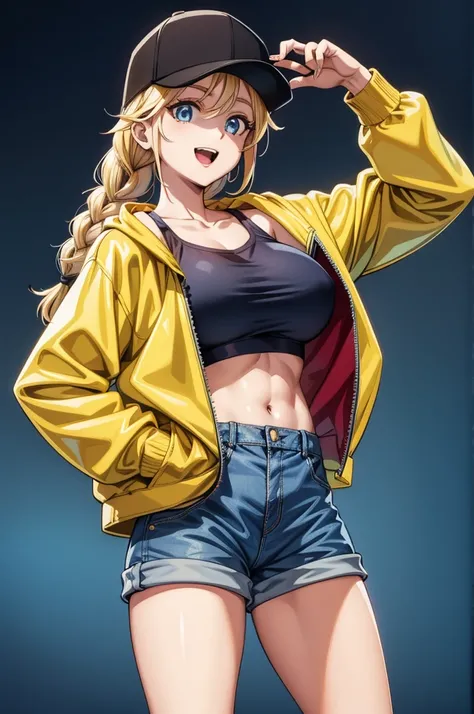 a woman with no shirt and jeans posing for a photo in a jacket, 1girl, breasts, solo, blue eyes, hat, shorts, blonde hair, navel, open mouth, braid, black headwear, smile, long hair, large breasts, jacket, looking at viewer, hands in pockets, denim, twin b...