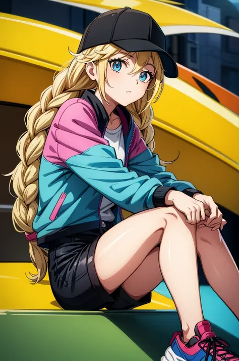 a picture of a cartoon image of a female sitting on a motorbike, 1girl, solo, blonde hair, braid, hat, blue eyes, long hair, multicolored jacket, shorts, multicolored clothes, black shorts, black headwear, jacket, shoes, baseball cap, ground vehicle, twin ...