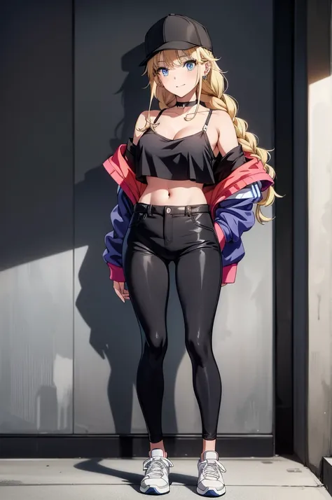 (((grayscale)))(masterpiece:1.2, best quality), (graffiti wall:1.15), 1lady, beanie, jacket, Leggings, blue eyes, fullbody,1girl, a blonde haired anime looking anime wearing red leggings and crop top with black jacket, 1girl, solo, breasts, white jacket, n...