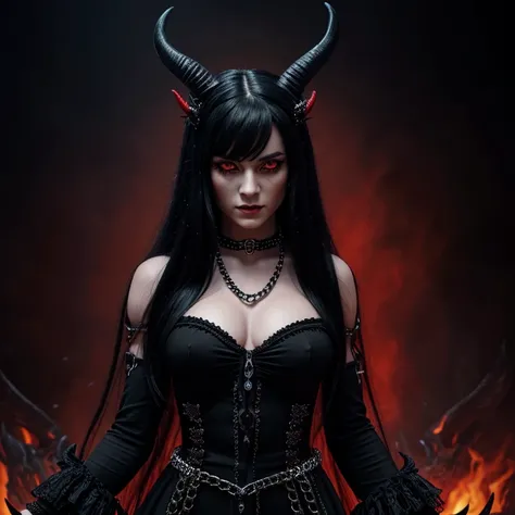 1 Demon woman with horns, black  long hair, ultra detailed face and eyes, Eye color red, hyperrealistic, realistic representation, 30 years old, dancing in hell, pretty face, She wears a long  black  dress decorated with chains, wears high strap boots, in ...