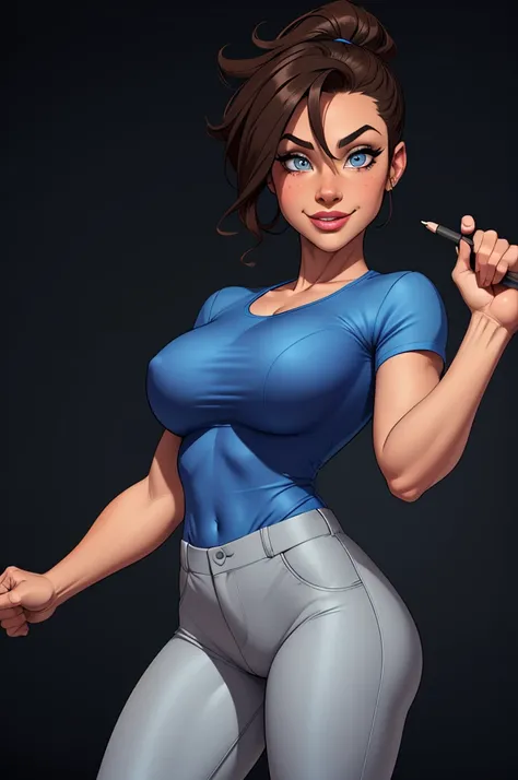 (cartoon style:1.2), Drawings of ([Sports Woman]), wearing blue shirts, grey Pants, perfect eyes, detailed face, black background, fun posing, flirty look, Centered, scale to fit the dimensions