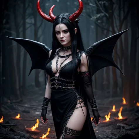 1 Demon woman with horns, black  long hair, ultra detailed face and eyes, Eye color red, hyperrealistic, realistic representation, 30 years old, dancing in hell, pretty face, She wears a long  black  dress decorated with chains, wears high strap boots, in ...