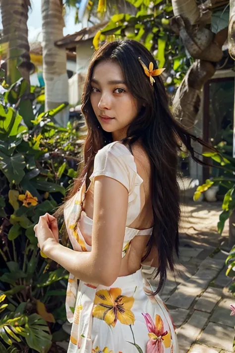 tropical paradise,garden,woman with flowing dark hair,striking green eyes,gracefully standing,lush garden,sunlight,swaying palm trees,warm and inviting glow,flowing white dress,ethereal touch,expressive eyes,vibrant flowers,full bloom,vivid hues,pink,orang...