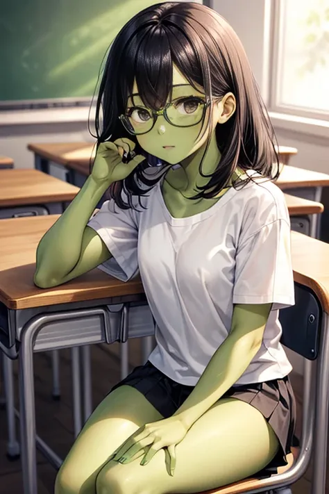 A girl，Girl，Glasses，Skin of color，Green Skin，black eyes，Green Skin，Black Hair，Bare legs，Green Skin，White top，classroom，sit on the chair