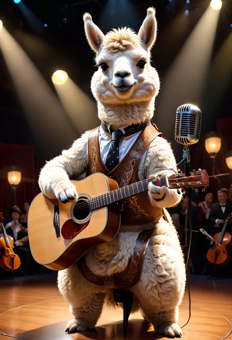 An Alpaca, Anthropomorphic animal as a singer, (masterpiece, best quality, Professional, perfect composition, very aesthetic, absurdres, ultra-detailed, intricate details:1.3)