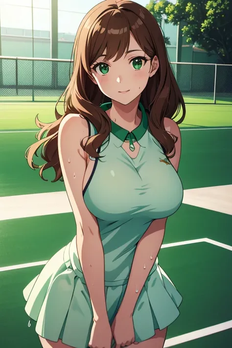 Beautiful illustration, better quality, PRETTY GIRL, Her eyes are large and expressive, a beautiful emerald green color. neckline, tennis clothes, ecstatic, happy expression, with an athletic and elegant figure. Tennis court, POV, (wet), long, silky light ...