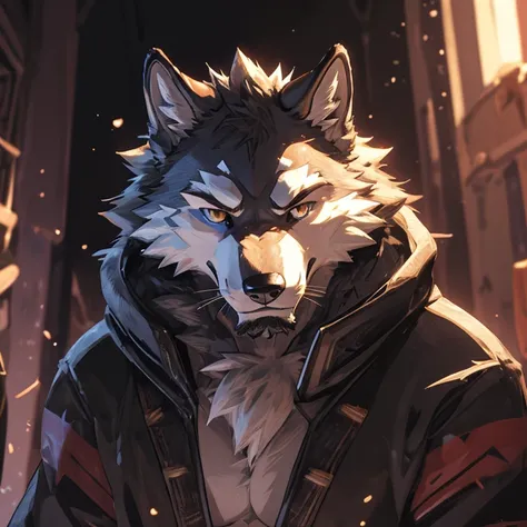 masterpiece, official art, hairy, male, Anthropomorphic gray wolf, Delicate face, Delicateeyes, white sweatshirt, scars in the face, Finger Wolf: 1.2, Depth of Field, Perfect lighting, Light Particles, (best quality), (masterpiece), (Ultra Detail), Sharp f...