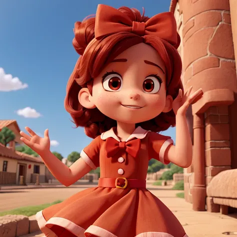 Personaje animado, a girl in a red dress and a red bow on her head, en 3 D buena calidad, while he is waving, wishing good morning