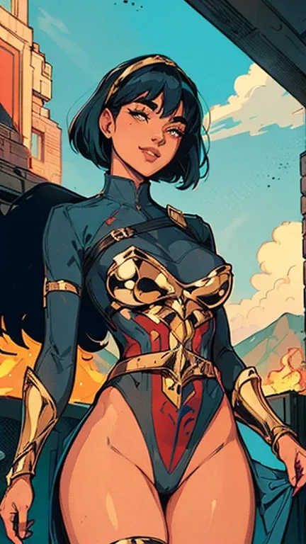 (best quality, 8k, masterpiece, ultra-detailed),super hero Woman 32 years-old,black short hair,beautiful detailed face, big eyelashes,little smile,small breasts,minimum waist,golden armlets,gold belt,futuristic spaceship scenario, dynamic pose, dynamic ang...