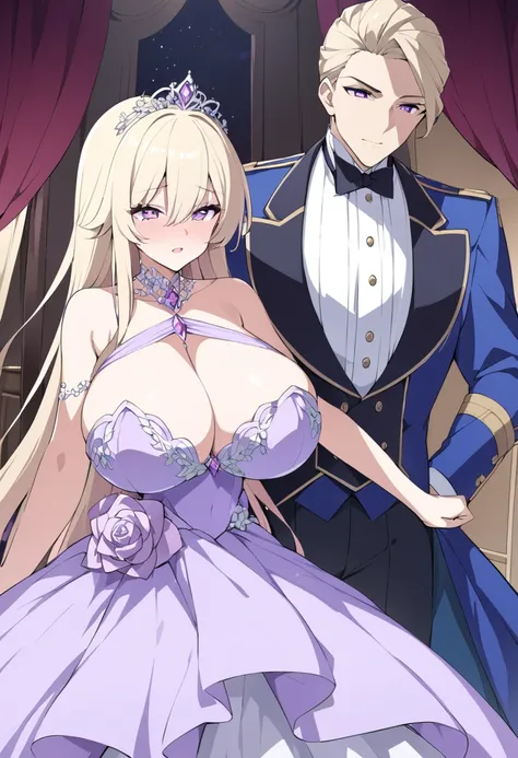 Cristalina, 20 years old, long light blonde hair, lilac eyes, huge breasts, wearing a lilac ball gown with crystals, being in the ballroom showing her chest to a duke at night.hentai