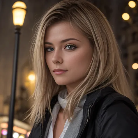 (Selfies machen, Luftaufnahme: 1.4), (straight half of the fuselage: 1.4), Portrait photo of a 22-year-old French woman in RAW UHD format (blue-eyed woman) Gehen Sie durch die dunkle Gasse, Nachtstadt, Einzelheiten (Texturen! , Haar! , glistering, Kor!! , ...