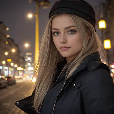 (Selfies machen, Luftaufnahme: 1.4), (straight half of the fuselage: 1.4), Portrait photo of a 22-year-old French woman in RAW UHD format (blue-eyed woman) Gehen Sie durch die dunkle Gasse, Nachtstadt, Einzelheiten (Texturen! , Haar! , glistering, Kor!! , ...