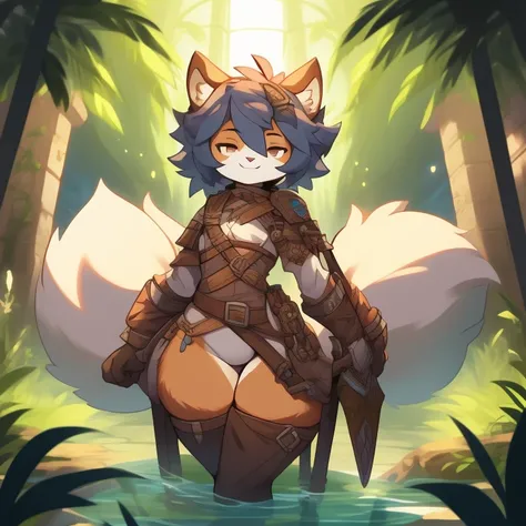 Best quality, Super detailed illustration, (fluffy squirrel boy:1.4), solo, male, feminine face and body, disheveled thick hair, adventurer equipment, smug smile, half-closed eyes, femboy, wide hips, thicc, hourglass figure, DND style