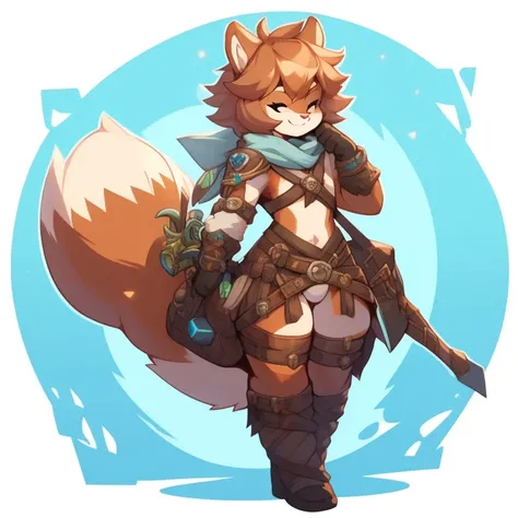 Best quality, Super detailed illustration, (fluffy squirrel boy:1.4), solo, male, feminine face and body, disheveled thick hair, adventurer equipment, smug smile, half-closed eyes, femboy, wide hips, thicc, hourglass figure, DND style