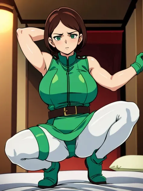 (masterpiece), (best quality),(emmasheen), (perfect anatomy),1girl,1woman,(solo), volumetric lighting,short hair,brown hair,green eyes,green uniform,sleeveless, green gloves, belt,(white pantyhose), green boots,mature female, blushing, huge breasts, thick ...