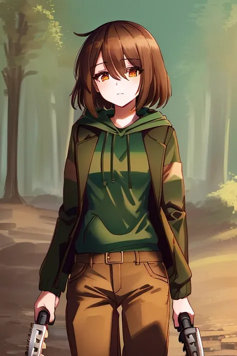 ((best quality)), ((masterpiece)), (detailed), undertale fresh, brown hair, (brown pants: 1.3), bob haircut, short hair, black t...