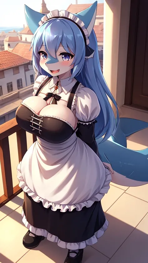 shark girl,furry,Shark tail,Cute Moe,big breasts,Good quality,Good resolution,Wear a maid dress.,good shadow details,shade,Passionate mood,sexy pose,standing on the balcony