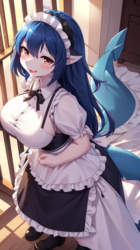 shark girl,furry,Shark tail,Cute Moe,big breasts,Good quality,Good resolution,Wear a maid dress.,good shadow details,shade,Passionate mood,sexy pose,standing on the balcony