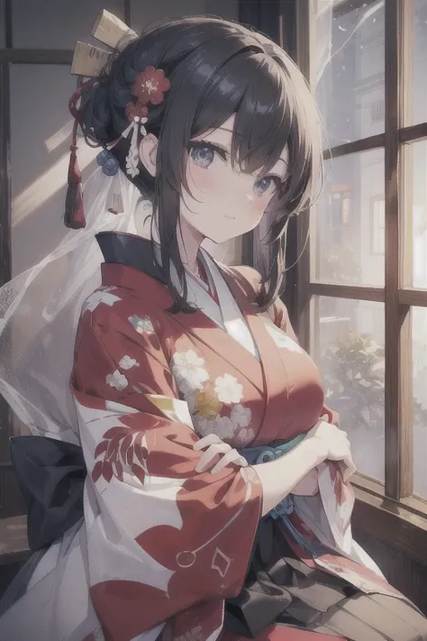 ((speed paint) +++ 、 Palette knife painting, Impressionist style, Brushwork techniques, Big Strokeature Woman:1.1))kimono,daughter、Big Breasts、Big cleavage、A shy smile)、
(Sitting upright、(Fold your arms under your chest、Her chest is resting on her folded a...