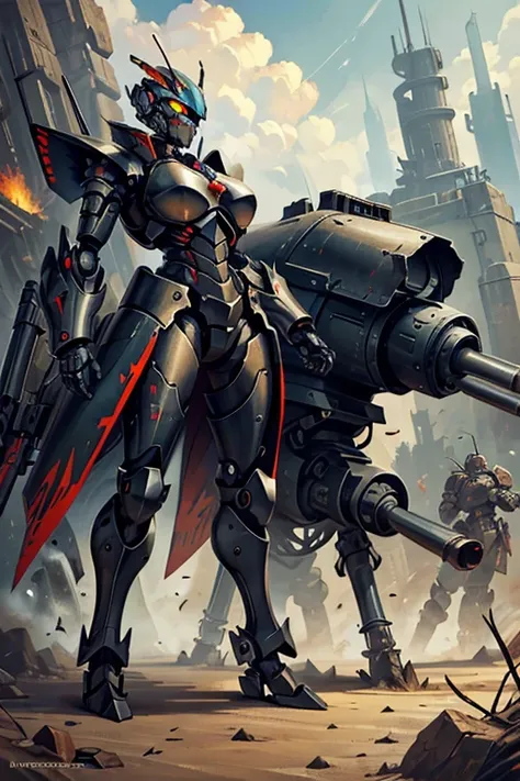 artillery gun, mechanical legs, armored, heavy armor, gun, artillery, mobile gun, walking gun, non-human, machine, robot, automaton, military, beetle, Soviet, bug-like, multiple legs, bug legs, 8 legs, big gun, animal like, many legs, non humanoid, gun emp...