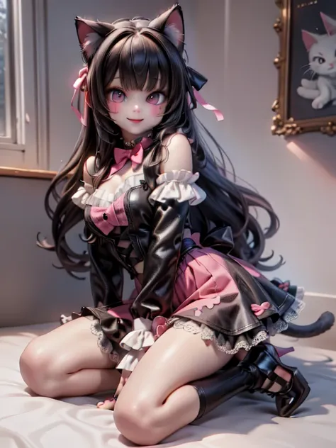 a cat girl smiling, lolita art style, kawaii, pumps