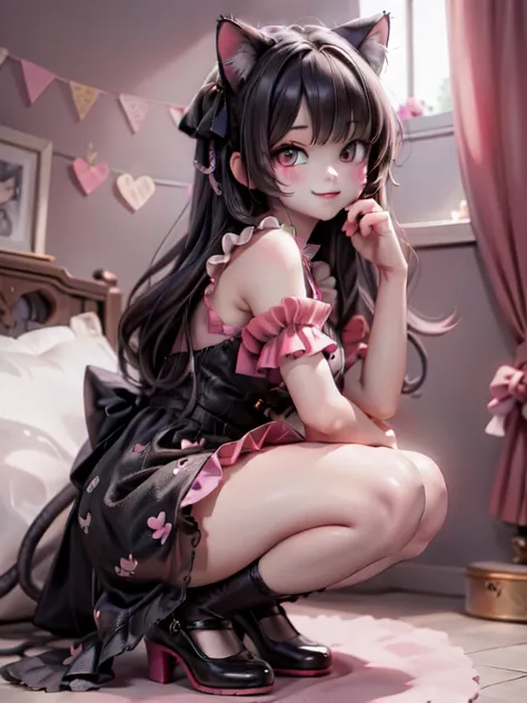 a cat girl smiling, lolita art style, kawaii, pumps