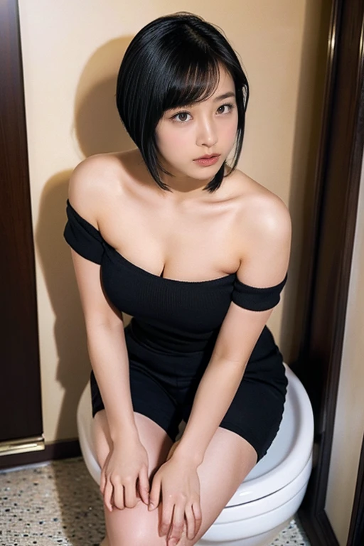 sexy 15yo girl, black hair, short hair , blushing,   public bathroom, sitting on toilet, pants down, shocked,  best quality, masterpiece, 4k , prefect lighting, rating_explicit ,  highly detailed, Amazing, finely detail ,33 year old girl, short bob, full b...