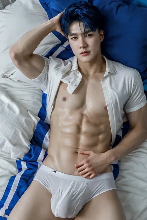 nsfw, v-shape of face, handsome Korean teenager, 18 years old, blue hair, Fit body, topless, tight white brief underwear, laying down on bed, long bulge tight, oily skin, white skin, body hairless, looking viewer, very sexy, detailed bulge, photograph, rea...