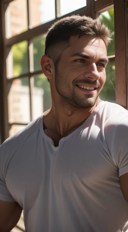 Una foto original premiada，Un hombre musculoso salvaje, (40 year old daddy:1.1), 1 chico, Solo, (vistiendo una camisa a cuadros roja afuera), (camiseta gris por dentro), (hombros grandes), musculatura, rastrojos, barba corta, ojos bonitos:1.3, ), (cara det...