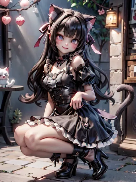 a cat girl smiling, lolita art style, kawaii, pumps