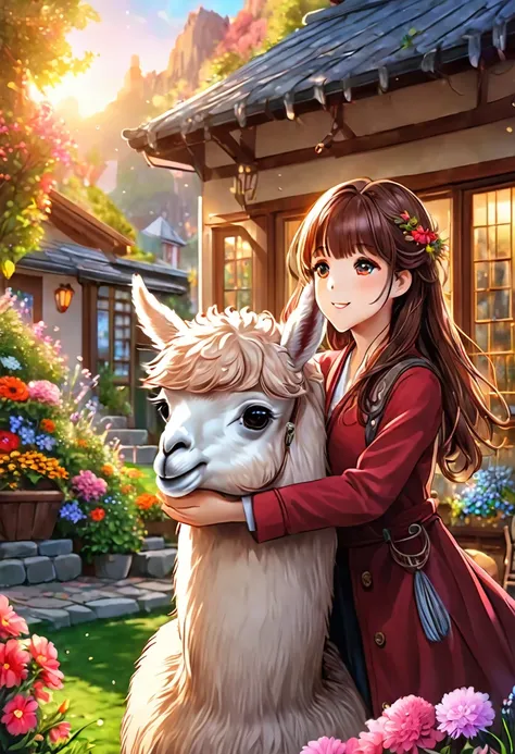 1girl, an alpaca, aesthetic, a girl playing with an adorable alpaca,soft and fluffy fur,beautiful detailed eyes,peaceful garden,...