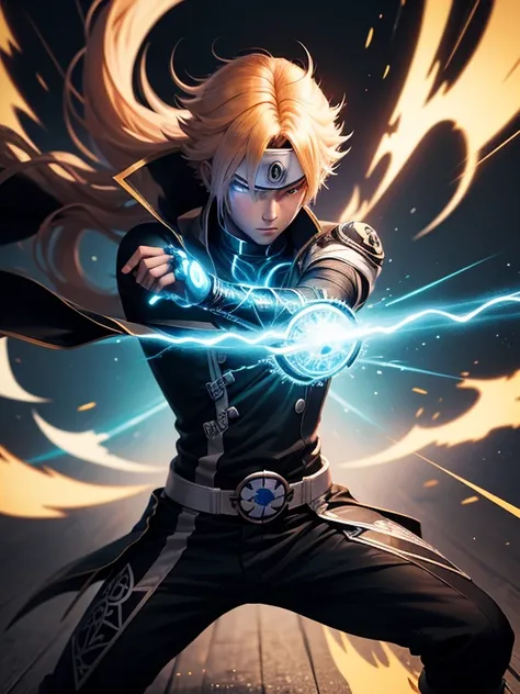 An incredibly detailed illustration of Minato Namikaze using his super rasengan technique., combat position, incredible details, sombras perfectas, dynamic background, estilo de dibujo hiperrealista.