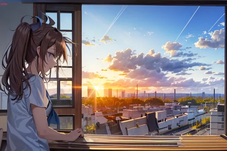 Just Monika silhouette observing the blue sky by the morning on the window, hello world