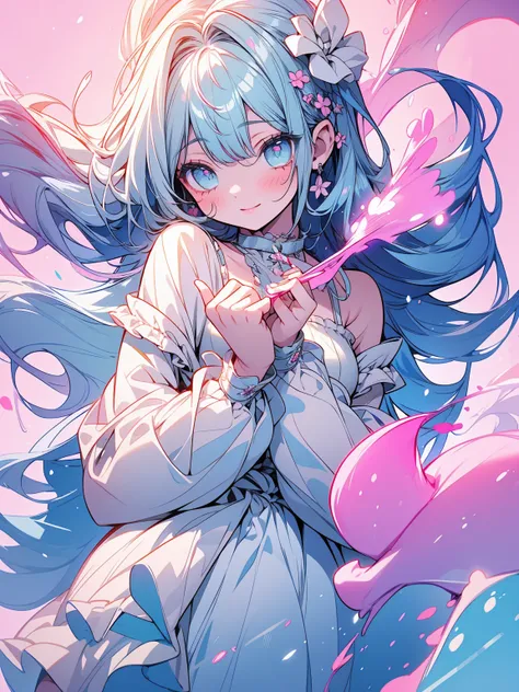 masterpiece, best quality, extremely detailed, (illustration, official art:1.1), 1 girl ,(((( light blue long hair)))), light blue hair, ,10 years old, long hair ((blush)) , cute face, big eyes, masterpiece, best quality,(((((a very delicate and beautiful ...