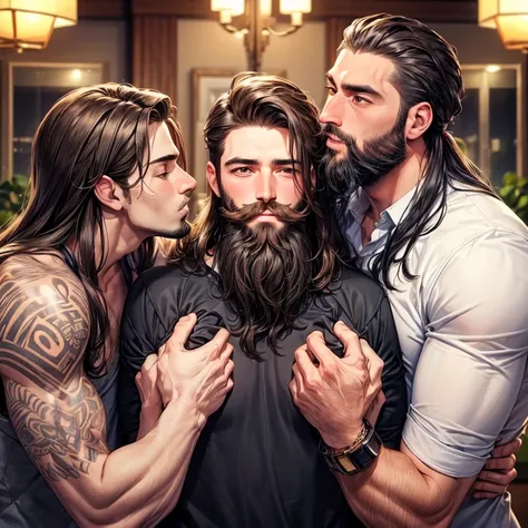 A gay couples kiss together and enjoying in the evening and feel their love life. ((One man with beard and tall with handsome look)),((Another one man look like a innocent short with long hair))