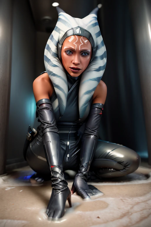 ahsoka translucent latex outfit uniform, lying in a puddle of cum, soaking in cumfountain, mouth full of slime ,missing her pant...