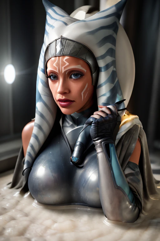 AHSOKA TRANSLUCENT latex outfit uniform, LYING IN A PUDDLE OF CUM, SOAKING IN CUMFOUNTAIN, mouth full of slime ,missing her pants, sex pose, jamesdaly artstyle, best quality, veins popping out on her skin. She is being brainwashed into becoming a Borg, wit...