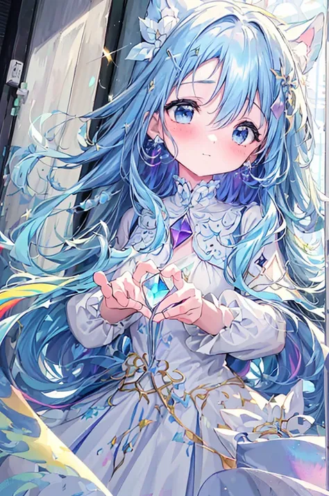 girl and black cat,dream pretty,(heart hands),close up on fingers,((dream pretty colorful gemstone rings)),candy dress,candy ring,wearing a ring on one、masterpiece, best quality, extremely detailed, (illustration, official art:1.1), 1 girl ,(((( light blue...