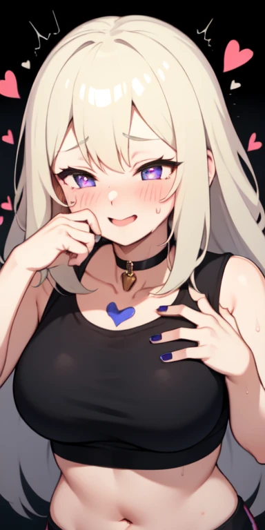 One girl,heart-shaped pupils,nail,put your hand on your face,Gray Hair,Purple eyes,(blush:1.1),choker,Upper Body,trembling,Sweat,Sweatdrop,heart,(Speed Line:1.1),Medium chest, ((Heavy breathing:1.3)), like, heart, Crop top, Happy, smile、Blonde