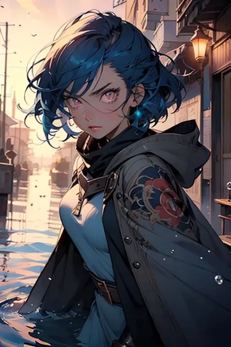 ((best quality)), ((masterpiece)), (detailed), perfect face, mage woman, beautiful, best graphics, soft lighting, navy blue hair, pink eyes, orbs of water floating, seaside, sunset lighting, blue dress, cloak, modest, battle, fight, fierce, 