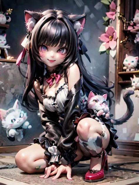 a cat girl smiling, Lolita art style, kawaii, pumps