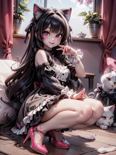 a cat girl smiling, lolita art style, kawaii, pumps