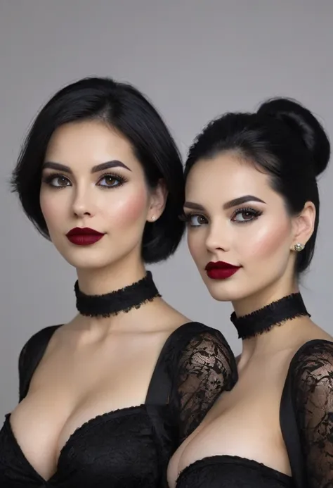  identical twin sisters, symmetrical perfect goddess face, high cheek bones,cute little nose, thin curved black eyebrows,long black luscious eyelashes,black eyeliner, black eye shadow, sexy curved lips, face makeup, light natural cheek makeup, dark red lip...